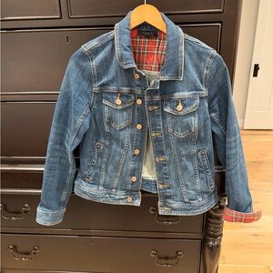 Talbots Blue Denim Jacket with Red Plaid Accents